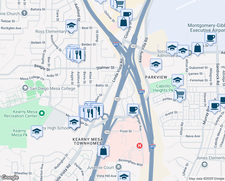 map of restaurants, bars, coffee shops, grocery stores, and more near 7833 Linda Vista Road in San Diego
