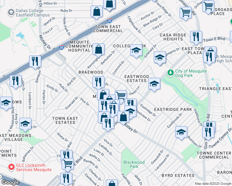 map of restaurants, bars, coffee shops, grocery stores, and more near 3025 Colony Drive in Mesquite