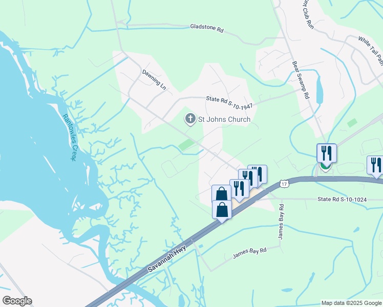 map of restaurants, bars, coffee shops, grocery stores, and more near 705 Hughes Road in Johns Island