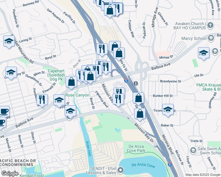 map of restaurants, bars, coffee shops, grocery stores, and more near 4555 Mission Bay Drive in San Diego