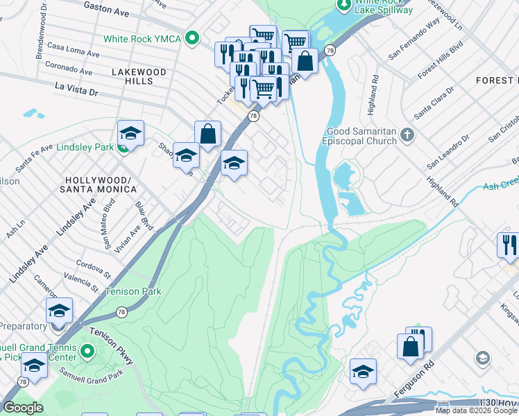 map of restaurants, bars, coffee shops, grocery stores, and more near 7440 La Vista Drive in Dallas