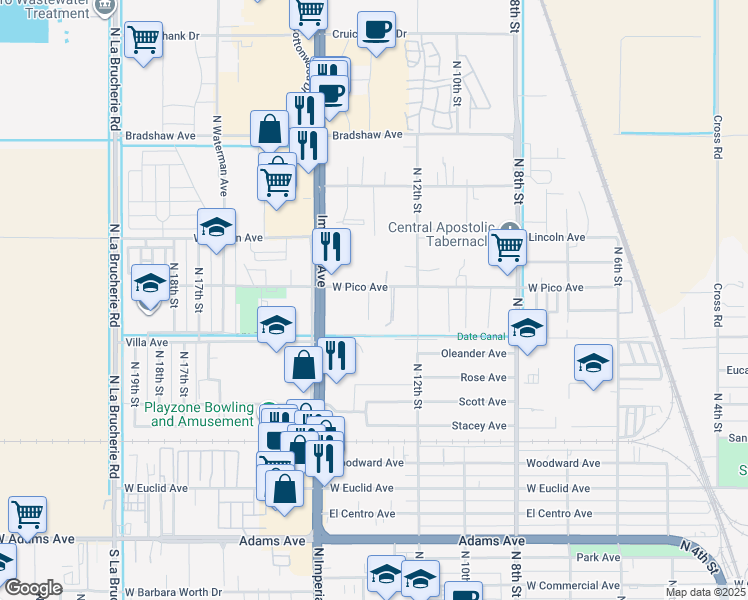 map of restaurants, bars, coffee shops, grocery stores, and more near 1287 W Pico Ave in El Centro