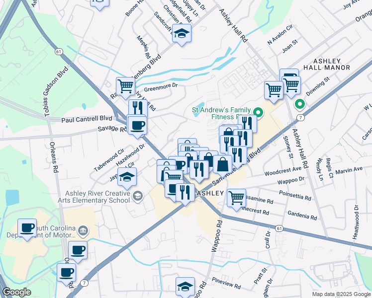 map of restaurants, bars, coffee shops, grocery stores, and more near 1742 Sam Rittenberg Boulevard in Charleston