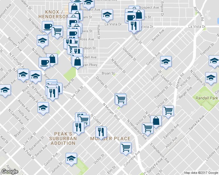 map of restaurants, bars, coffee shops, grocery stores, and more near 5400 Swiss Avenue in Dallas