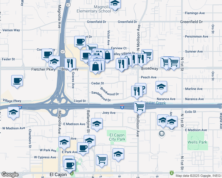map of restaurants, bars, coffee shops, grocery stores, and more near 778 Maplewood Way in El Cajon