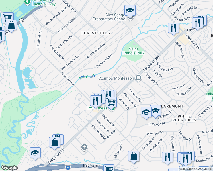 map of restaurants, bars, coffee shops, grocery stores, and more near 2231 Graycliff Drive in Dallas