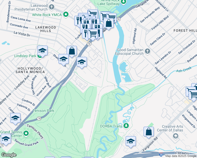 map of restaurants, bars, coffee shops, grocery stores, and more near La Vista Drive in Dallas