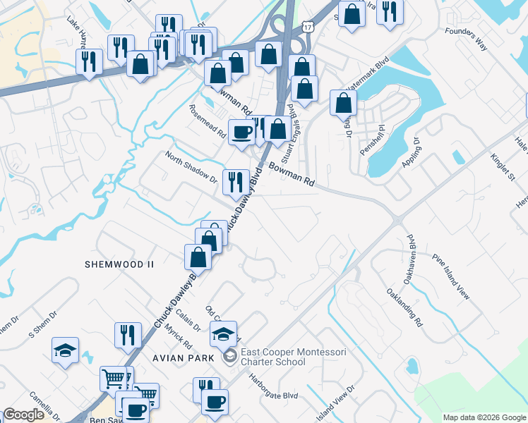 map of restaurants, bars, coffee shops, grocery stores, and more near 1221 State Road S-10-1344 in Mount Pleasant
