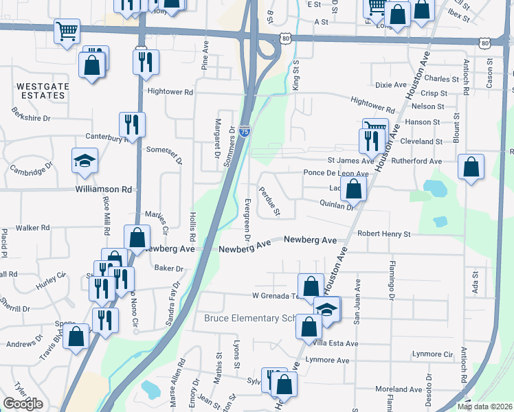 map of restaurants, bars, coffee shops, grocery stores, and more near 982 South Ponce De Leon Circle in Macon