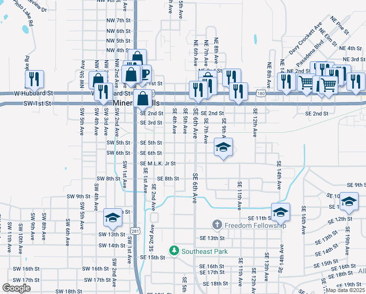 map of restaurants, bars, coffee shops, grocery stores, and more near 503 Southeast 6th Street in Mineral Wells