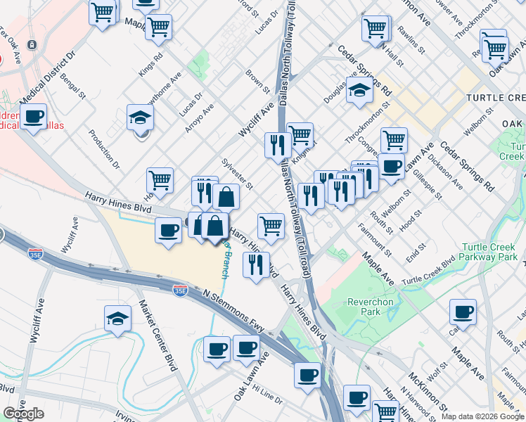 map of restaurants, bars, coffee shops, grocery stores, and more near 4119 Entrada Way in Dallas