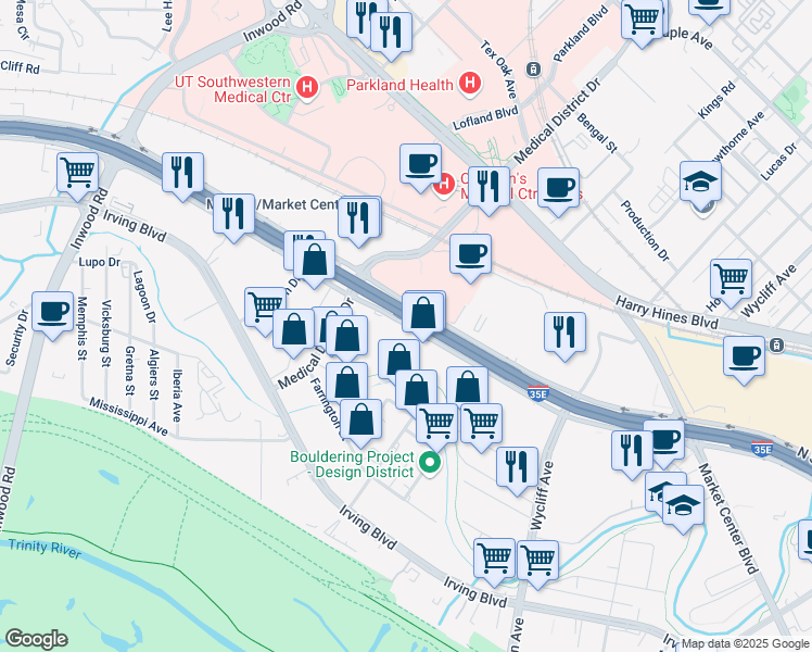 map of restaurants, bars, coffee shops, grocery stores, and more near 2493 North Stemmons Freeway in Dallas