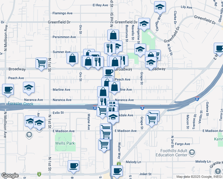 map of restaurants, bars, coffee shops, grocery stores, and more near Marline Avenue in El Cajon