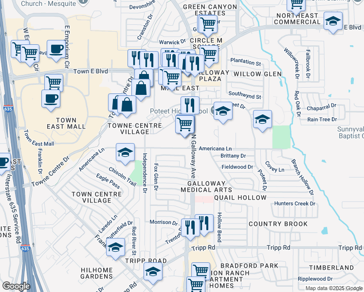 map of restaurants, bars, coffee shops, grocery stores, and more near 1017 Americana Lane in Mesquite