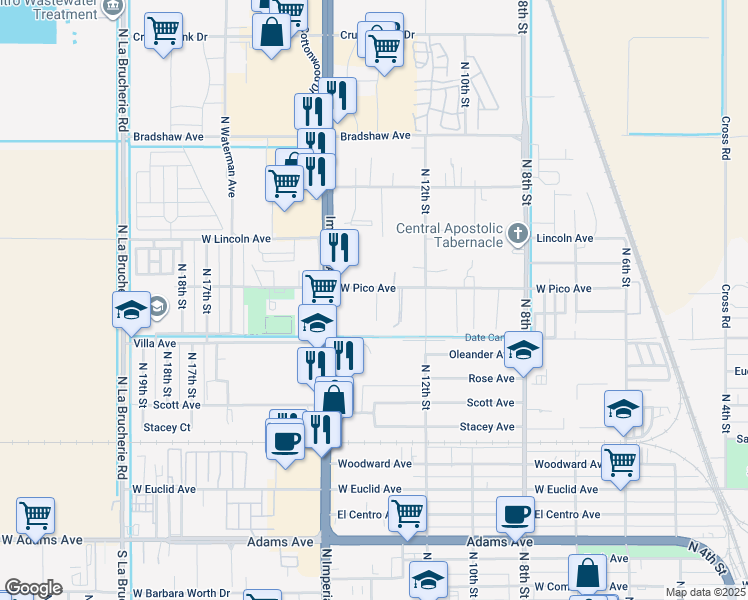 map of restaurants, bars, coffee shops, grocery stores, and more near 1287 West Pico Avenue in El Centro