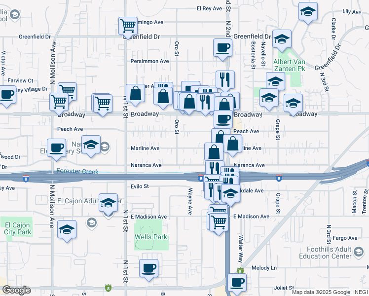 map of restaurants, bars, coffee shops, grocery stores, and more near 1201 Marline Avenue in El Cajon