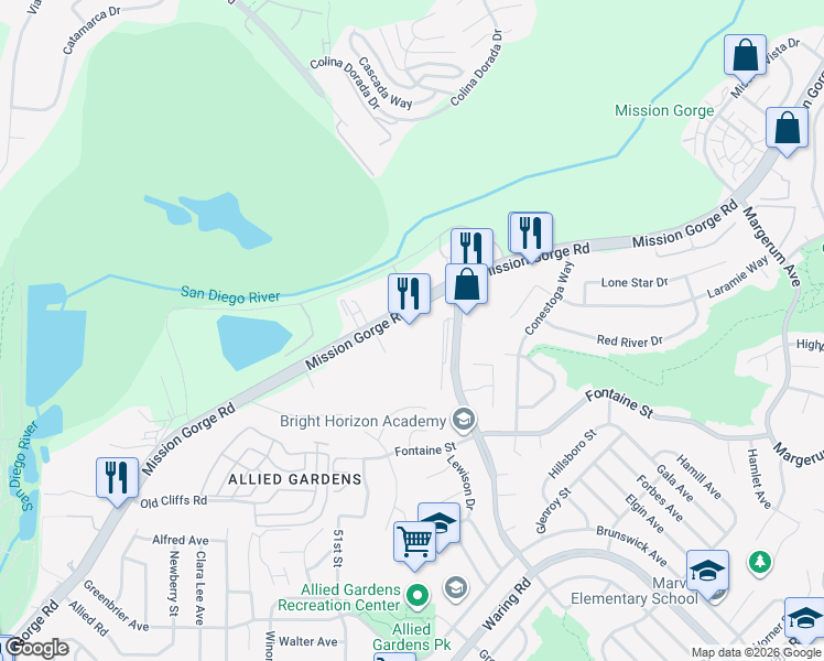 map of restaurants, bars, coffee shops, grocery stores, and more near 7385 Mission Gorge Road in San Diego