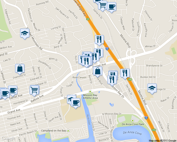 map of restaurants, bars, coffee shops, grocery stores, and more near in San Diego