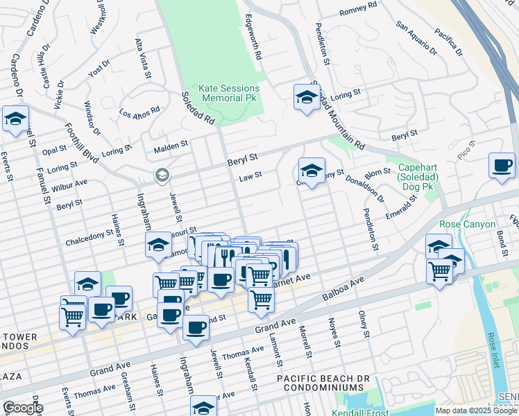 map of restaurants, bars, coffee shops, grocery stores, and more near 1946 Missouri Street in San Diego