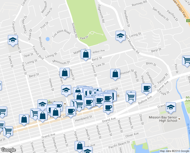 map of restaurants, bars, coffee shops, grocery stores, and more near in San Diego