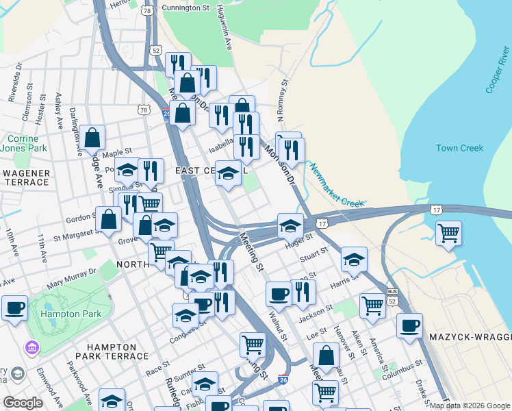 map of restaurants, bars, coffee shops, grocery stores, and more near 11 Cedar Street in Charleston
