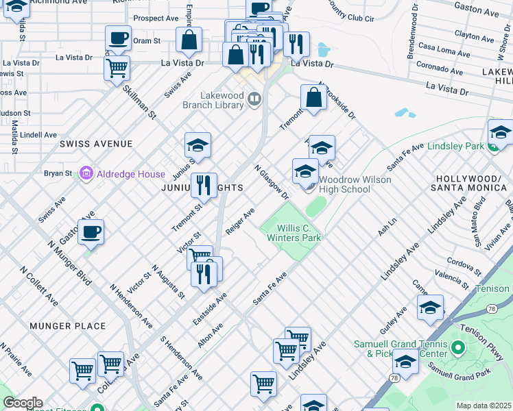 map of restaurants, bars, coffee shops, grocery stores, and more near 5906 Reiger Avenue in Dallas