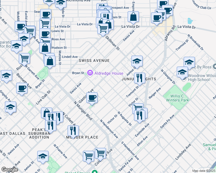 map of restaurants, bars, coffee shops, grocery stores, and more near 722 Parkmont Street in Dallas