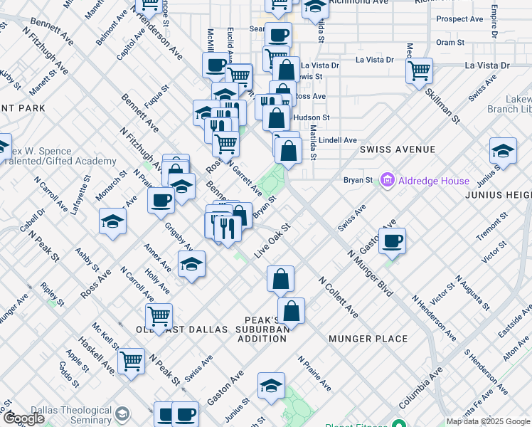 map of restaurants, bars, coffee shops, grocery stores, and more near 5027 Live Oak Street in Dallas