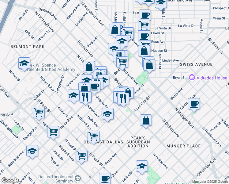 map of restaurants, bars, coffee shops, grocery stores, and more near 104 San Jacinto Street in Dallas