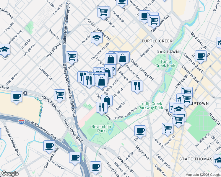 map of restaurants, bars, coffee shops, grocery stores, and more near 2626 Welborn Street in Dallas