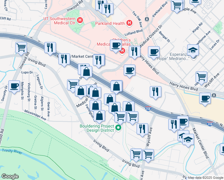 map of restaurants, bars, coffee shops, grocery stores, and more near 2493 N Stemmons Fwy in Dallas