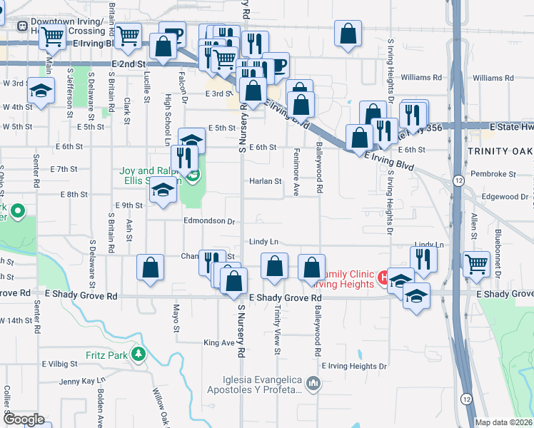 map of restaurants, bars, coffee shops, grocery stores, and more near 1031 Edmondson Drive in Irving