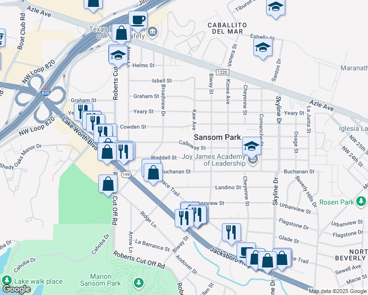 map of restaurants, bars, coffee shops, grocery stores, and more near 5701 Calloway Street in Fort Worth