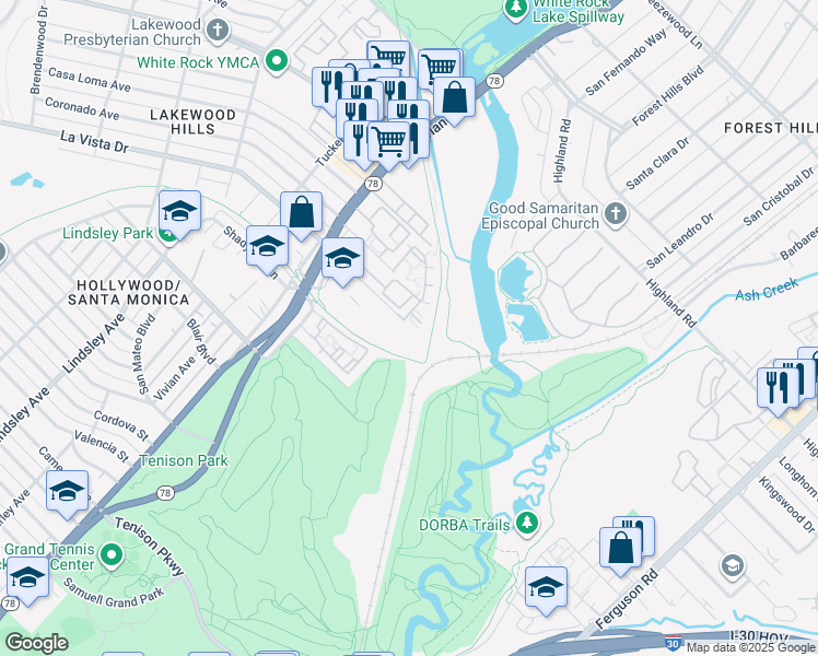 map of restaurants, bars, coffee shops, grocery stores, and more near 7440 La Vista Drive in Dallas