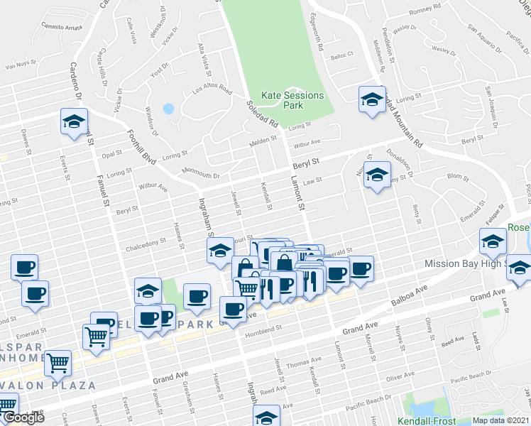 map of restaurants, bars, coffee shops, grocery stores, and more near 1772 Chalcedony Street in San Diego