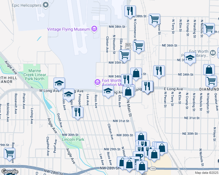 map of restaurants, bars, coffee shops, grocery stores, and more near 3302 Clinton Avenue in Fort Worth