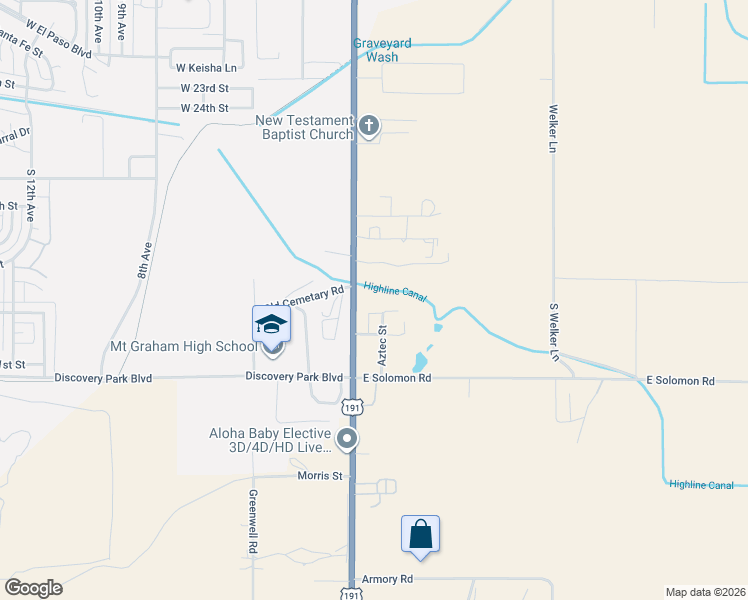 map of restaurants, bars, coffee shops, grocery stores, and more near 3022 Aztec Street in Safford