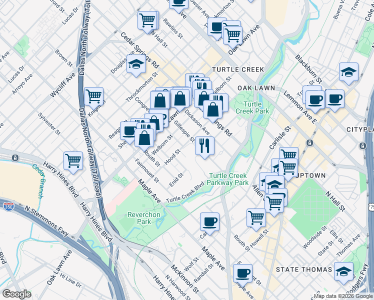 map of restaurants, bars, coffee shops, grocery stores, and more near 2828 Hood Street in Dallas