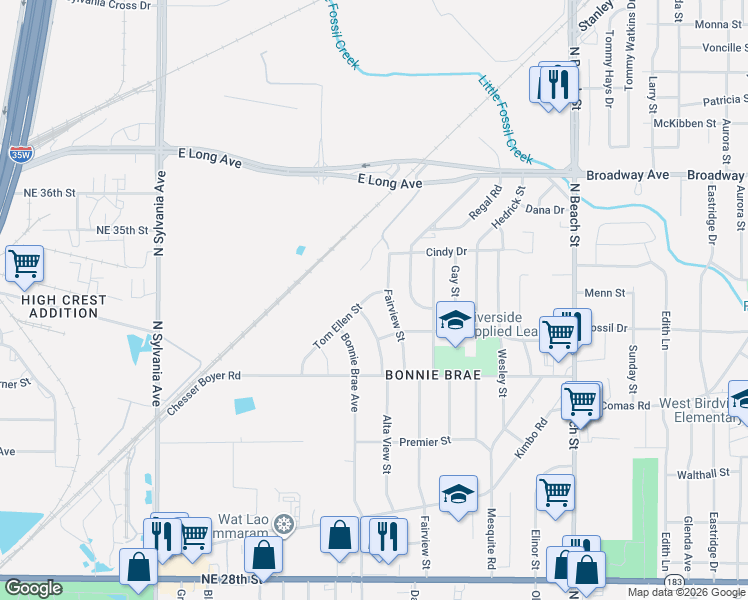 map of restaurants, bars, coffee shops, grocery stores, and more near 3412 Tom Ellen Street in Fort Worth