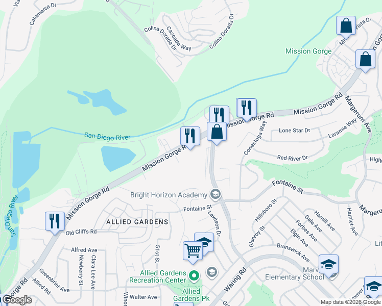 map of restaurants, bars, coffee shops, grocery stores, and more near 7385 Mission Gorge Road in San Diego