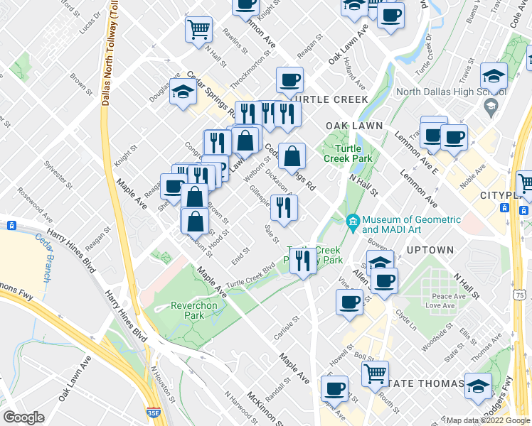map of restaurants, bars, coffee shops, grocery stores, and more near 3535 Gillespie Street in Dallas