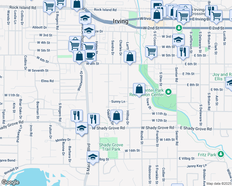 map of restaurants, bars, coffee shops, grocery stores, and more near 624 Hilltop Dr in Irving