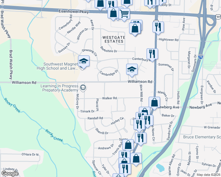 map of restaurants, bars, coffee shops, grocery stores, and more near 1624 Williamson Road in Macon