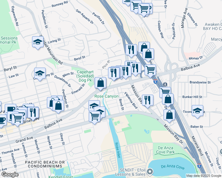 map of restaurants, bars, coffee shops, grocery stores, and more near 2651 Garnet Avenue in San Diego