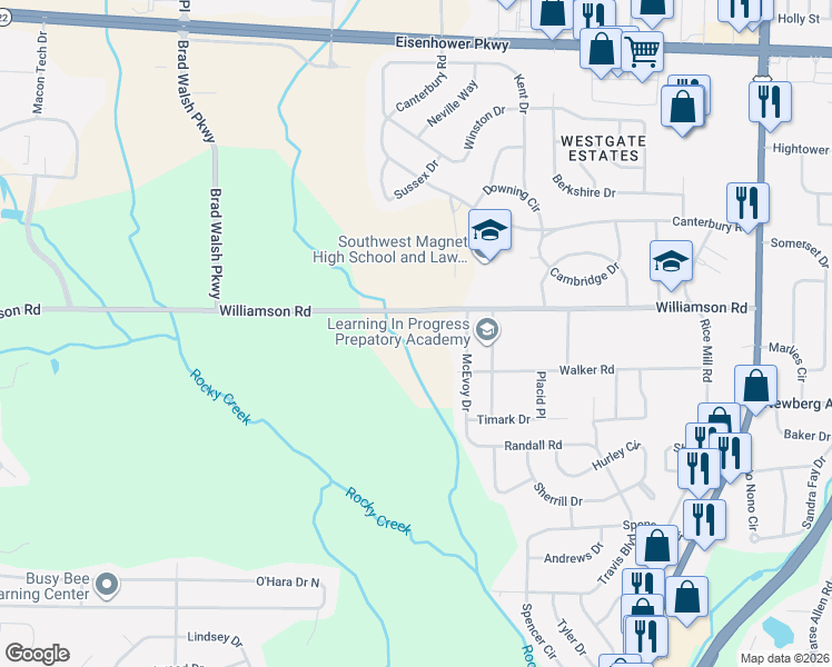 map of restaurants, bars, coffee shops, grocery stores, and more near 1842 Williamson Road in Macon