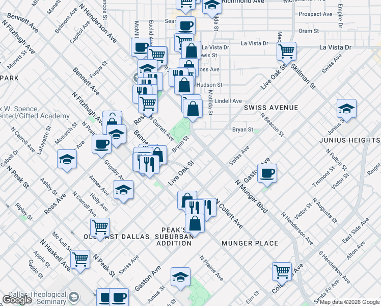 map of restaurants, bars, coffee shops, grocery stores, and more near in Dallas