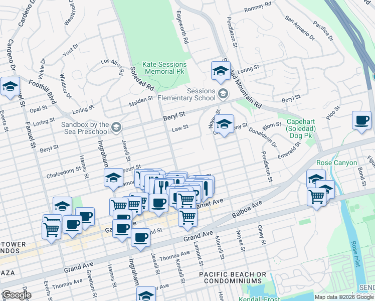 map of restaurants, bars, coffee shops, grocery stores, and more near 1952 Missouri Street in San Diego