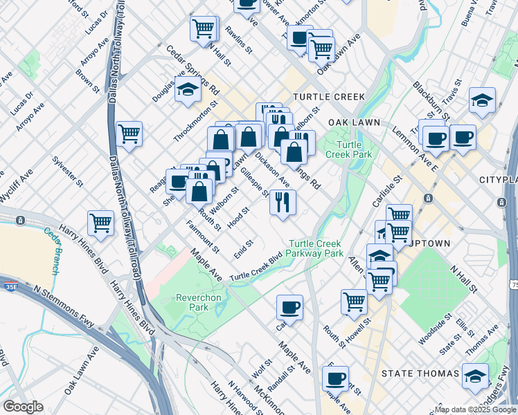 map of restaurants, bars, coffee shops, grocery stores, and more near 2828 Hood Street in Dallas