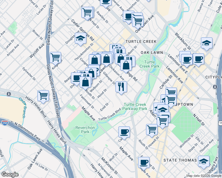 map of restaurants, bars, coffee shops, grocery stores, and more near 2828 Hood Street in Dallas