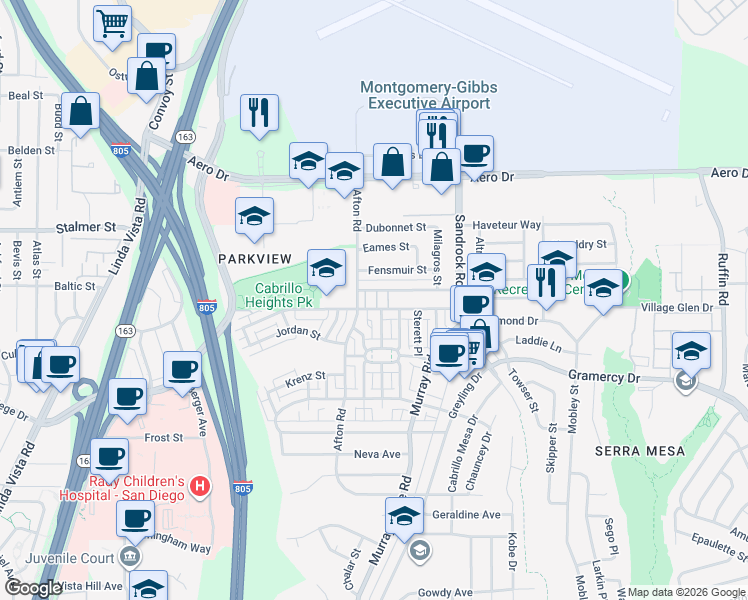 map of restaurants, bars, coffee shops, grocery stores, and more near 8513 Glenhaven Street in San Diego